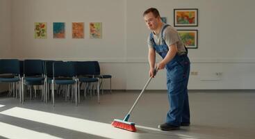 Young man with down syndrome sweeping a gallery, embracing inclusion and diversity in art spaces photo