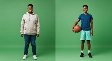 Youth diversity in casual and athletic wear, green studio background, ideal for fashion and sports concepts photo