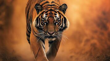 Majestic tiger in motion on a warm gradient background for wildlife and nature prints photo