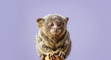 Curious pygmy marmoset in focus with lavender background for wildlife print design photo