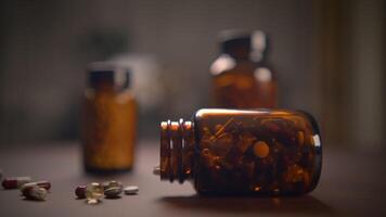 A CloseUp View of Beautiful Amber Glass Jars Filled with Various Supplements on a Table video