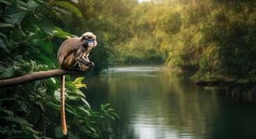 Lush jungle landscape featuring a monkey on a branch by a serene river photo