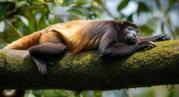 Relaxed howler monkey in lush rainforest setting for nature and wildlife enthusiasts photo