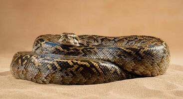 Close-up of a coiled python snake on sand with subtle brown background for wildlife and nature enthusiasts photo