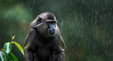 Rainy jungle encounter with a thoughtful monkey amidst lush greenery photo