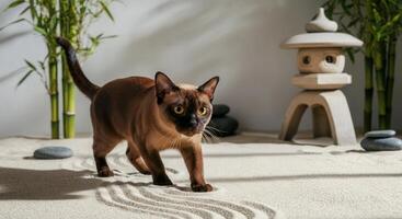 Burmese cat exploring zen garden with bamboo and stone lantern for tranquil and calming design photo