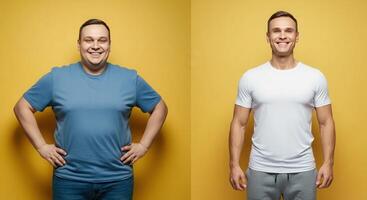 Transformation journey of two young caucasian males with varied body types on a yellow background photo
