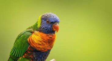Vibrant rainbow lorikeet on green background for nature and wildlife themes photo