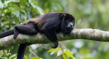 Resting howler monkey in lush tropical jungle setting photo