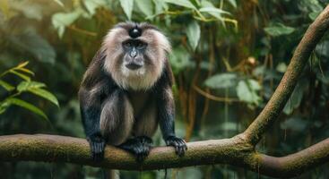 Lion tailed macaque on branch in lush tropical rainforest habitat photo