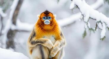 Golden snub-nosed monkey in snowy forest winter scene for wildlife conservation awareness photo