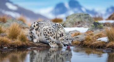 Snow leopard drinking from mountain stream in alpine habitat photo