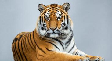 Majestic bengal tiger resting against minimalist gray background photo