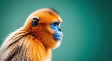 Golden snub-nosed monkey in profile on vibrant green background photo
