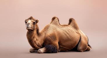 Majestic bactrian camel resting in desert landscape for nature and wildlife themes photo