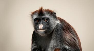 Close-up portrait of red colobus monkey against neutral background photo
