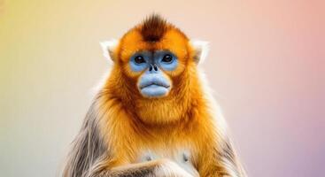 Golden snub-nosed monkey portrait against gradient background for wildlife conservation awareness photo