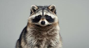 Charming portrait of a curious raccoon with striking eyes in minimalist studio setting photo