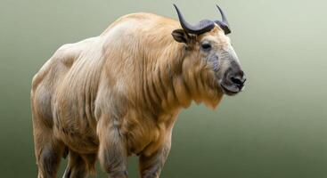 Majestic takin standing against a gentle green background photo