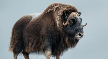 Majestic musk ox in profile against a soft blue background photo