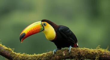 Vibrant toucan perched on mossy branch in lush tropical setting photo