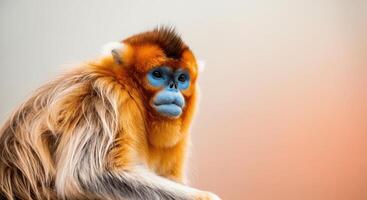 Golden snub-nosed monkey on vibrant gradient background for wildlife appreciation and educational materials photo