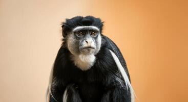 Portrait of a guereza colobus monkey against a warm gradient background photo