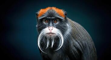 Spectacular portrait of a red-capped monkey with intricate facial features in moody lighting photo