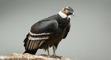 Majestic andean condor perched on rocky cliff against grey sky photo