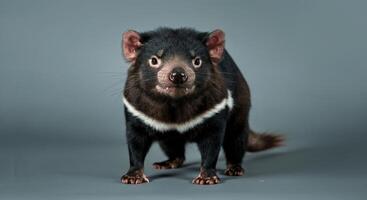 Tasmanian devil portrait against gray background for wildlife education and conservation awareness photo