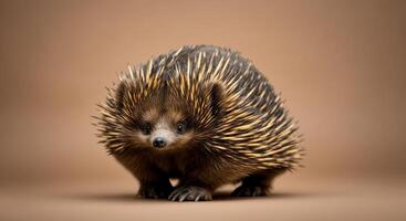 Adorable hedgehog with quills highlighted on neutral background for animal enthusiasts and nature design photo