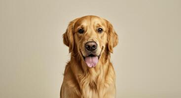 Golden retriever portrait with tongue out on neutral background for pet lovers and canine enthusiasts photo