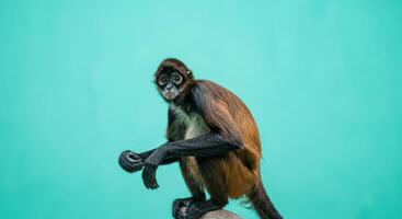 Curious spider monkey with lush fur in captivating pose on vibrant turquoise background photo