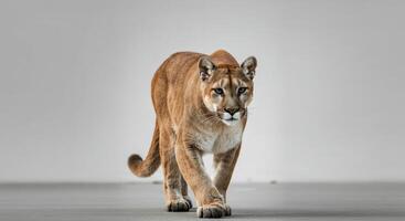 Majestic mountain lion stealthily walking on neutral gray background photo