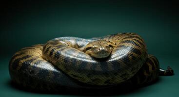 Close-up of a resting python on a dark background for wildlife education photo