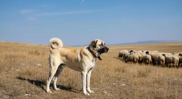 Anatolian shepherd dog guarding sheep flock in vast open field under clear blue sky photo