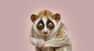 Portrait of curious slow loris with large eyes against soft pink background photo