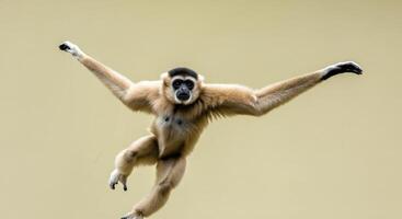 Agile gibbon in dynamic pose against minimalist background for wildlife-themed art photo