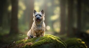 Small terrier dog in autumn forest setting for nature and canine-themed projects photo