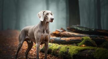 Elegant weimaraner in misty forest setting for outdoor exploration and adventure themes photo
