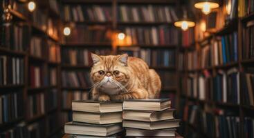 Curious cat in a cozy library setting surrounded by books and warm lighting photo