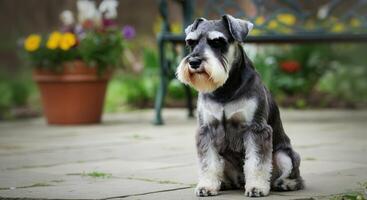 Charming schnauzer in serene garden with vibrant flower pot photo