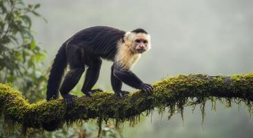 Capuchin monkey in rainforest habitat showing natural behavior on mossy branch photo