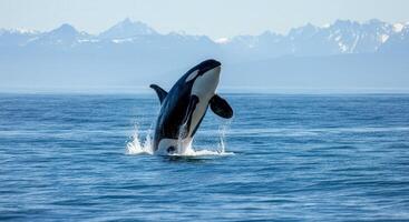 Majestic orca breaching in pristine ocean with mountain backdrop photo