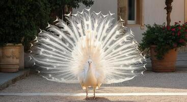 Majestic display of white peacock in serene garden setting with elegant plumage photo