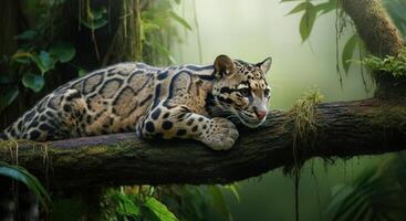 Clouded leopard resting on tree in lush rainforest jungle habitat photo