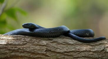 Majestic black snake in nature setting on tree branch under soft sunlight photo