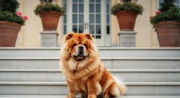 Majestic chow chow dog sitting on elegant steps in front of luxurious mansion photo