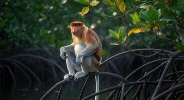 Proboscis monkey in serene mangrove forest wildlife conservation scene photo