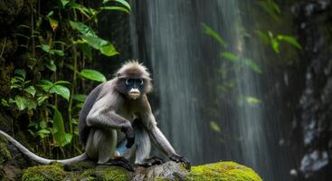 Gray langur in lush forest setting near waterfall in tropical jungle photo